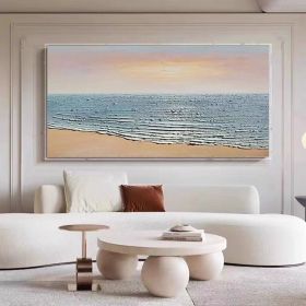 Waves and Beach on Sunset Seascape Art Modern Wall Art Oversized Oil Painting Canvas Blue Beach Artwork Ocean Painting (Style: 01, size: 80x160cm)