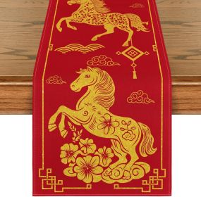 Chinese Zodiac Horse 2026 Happy Lunar New Year Table Runner, Spring Festival Winter Kitchen Dining Table Decoration for Home Party (size: 13*120)